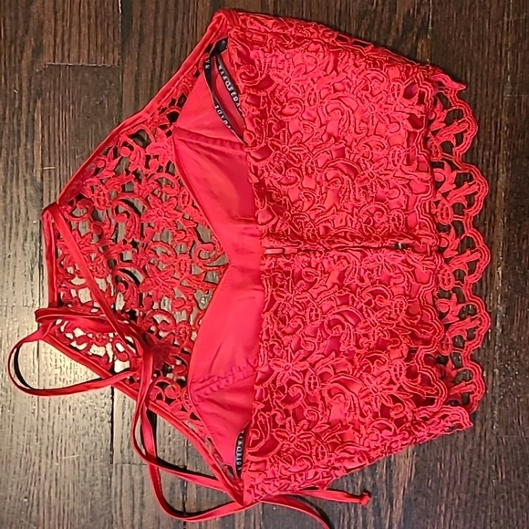 Red Lace Satin Halter Crop Top Women's 1 Sexy Romantic Party Elevated Casual - Picture 4 of 10